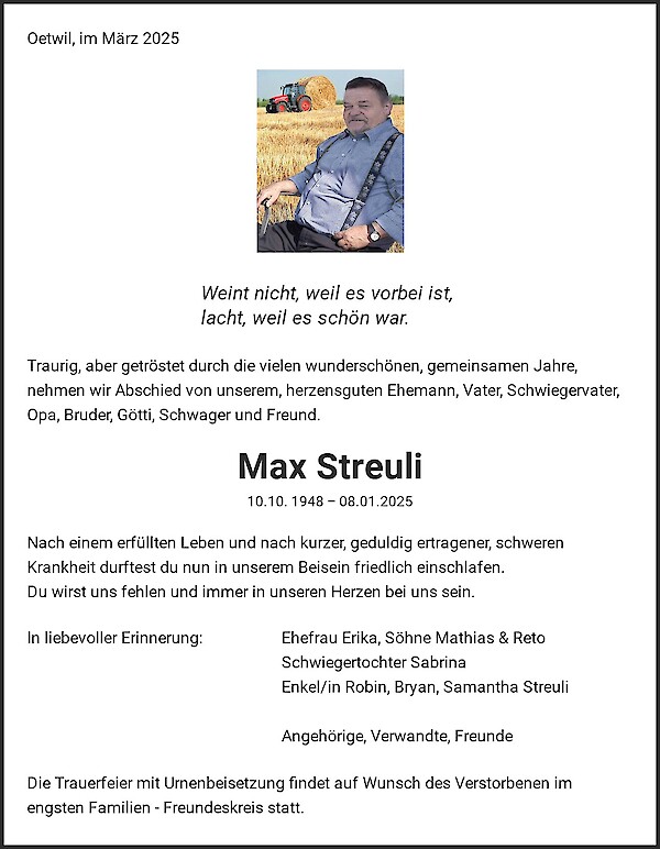 Todesanzeige von Max Streuli, Oetwil am See